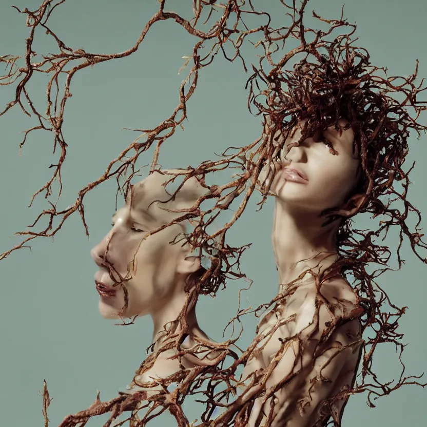 Prompt: flume and former cover art future bass girl un wrapped statue bust curls of hair petite lush side view body droplets photography model full body untouched art contrast vibrant branches futuristic fabric only skin fungi material style of Jonathan Zawada, Thisset colours simple background objective