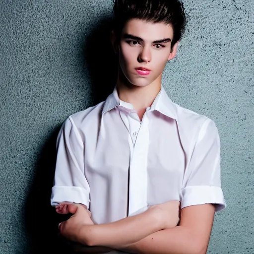 Image similar to A young pretty male model showcasing a very cute miniskirt and blouse. Studio lighting