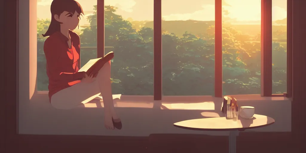 Image similar to Girl reading in a window seat in a coffee shop at sunset cinematic lighting, style by Makoto Shinkai