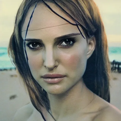 Prompt: headshot of Natalie Portman cosplaying as Nami from One Piece standing on a beach, cosplay, close up, photo by Sarah Moon