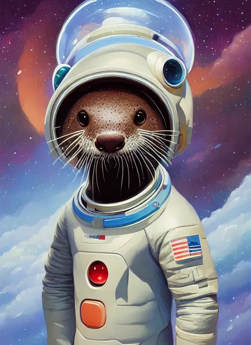 Prompt: a portrait of a cute otter in a space suit, galaxy, detailed, artstation, painting by rhads