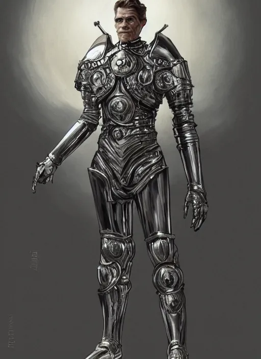 Image similar to powerful male tin man, willem dafoe as tinman, full body character concept, covered in full metal armor, art nouveau, super powers, fantasy, intricate, elegant, highly detailed, digital painting, artstation, concept art, shining, sharp focus, illustration, art by stanley lau