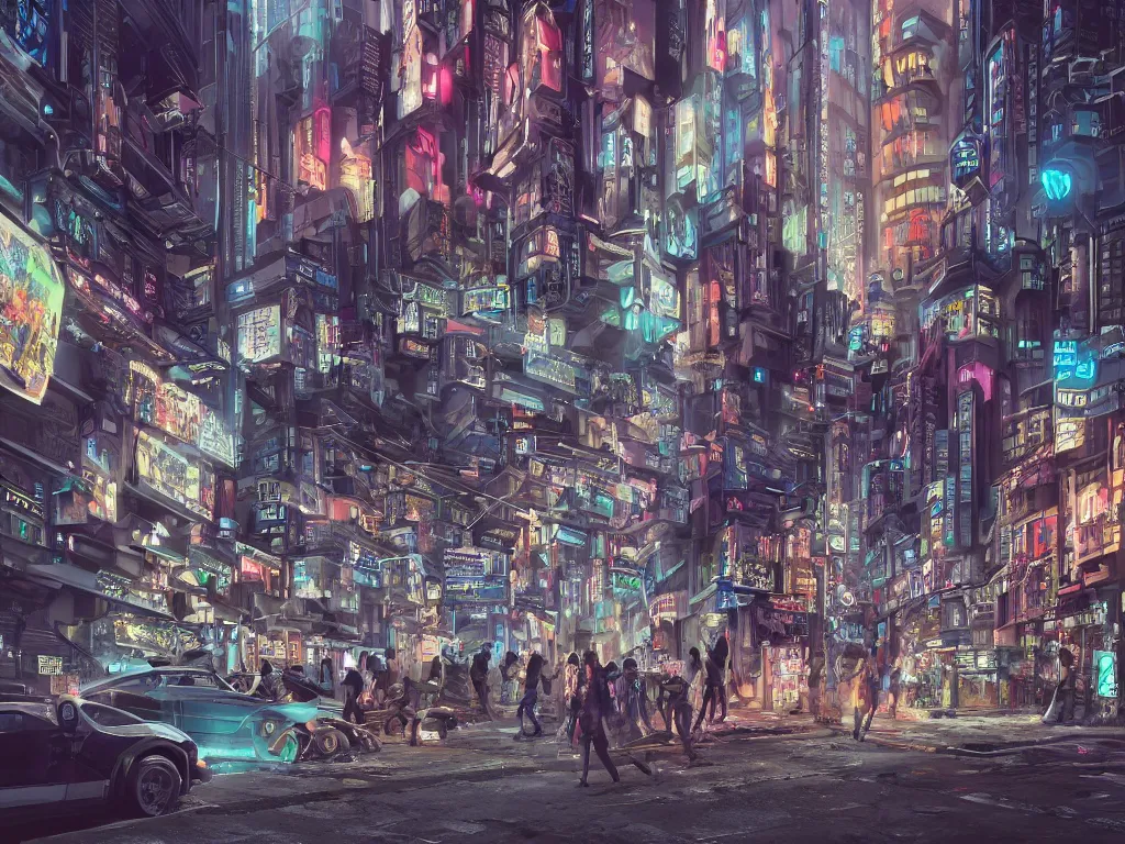 Prompt: hyperrealistic matte painting of a cyberpunk city street, lofty buildings of classical architecture, a crowded cyberpunk marketplace, object centered, myriad of technological ads, graffiti, electronic ads, 8 k resolution, by hugh ferris and noriyoshi ohrai, polished, fine detail, blue color scheme, cyberpunk style, smooth, octane, concept art, trending on artstation