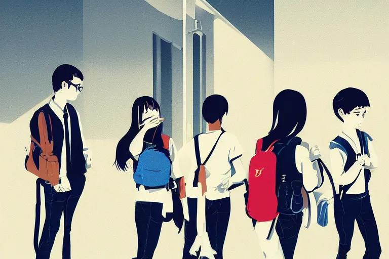 Image similar to students in the school. clean cel shaded vector art. illustration art by ilya kuvshinov