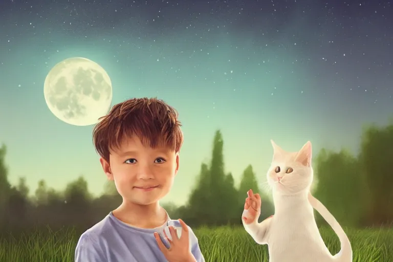 Prompt: portrait of a little boy waving his hand, his cat sits alongside, photorealistic face and skin tones, dreamy moonlit nightscape by the garden, lake house, smooth, matte colors, trending on artstation, 4 k, 8 k