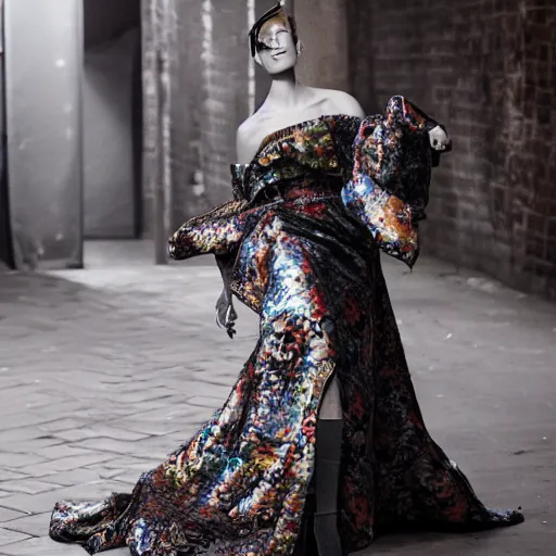 Image similar to gown made of 🪲 !! studio photo, street style, high fashion, backlit, Alexander mcqueen, Vivienne Westwood, Oscar De la Renta, Dior, magazine photo shoot, fantasy lut,