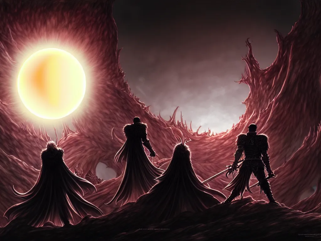 Prompt: berserk scene the eclipse, intricate, highly detailed, digital painting, artstation, concept art, smooth and sharp focus