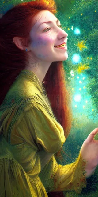 Image similar to infp young woman, smiling amazed, golden fireflies lights, full covering intricate detailed dress, amidst nature, long red hair, precise linework, accurate green eyes, small nose with freckles, beautiful oval shape face, realistic, expressive emotions, dramatic lights, hyper realistic ultrafine art by artemisia gentileschi, jessica rossier, boris vallejo