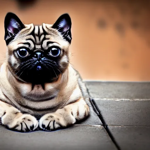 Prompt: a feline cat - pug - hybrid, felidae animal photography