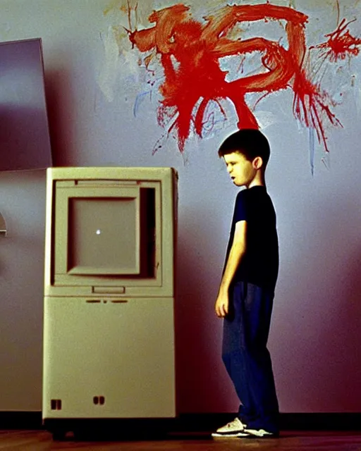 Prompt: an 8 years old enlightened and scared boy standing in front of an old computer from 90s with a game doom2 at the monitor screen. painting by Adrian Ghenie and Willem de Kooning and Cy Twombly, still from a movie by Gaspar Noe and James Cameron