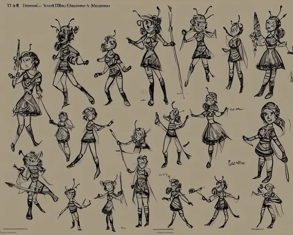 Prompt: a 360 character model sheet for a short cartoon female bee character holding a scepter
