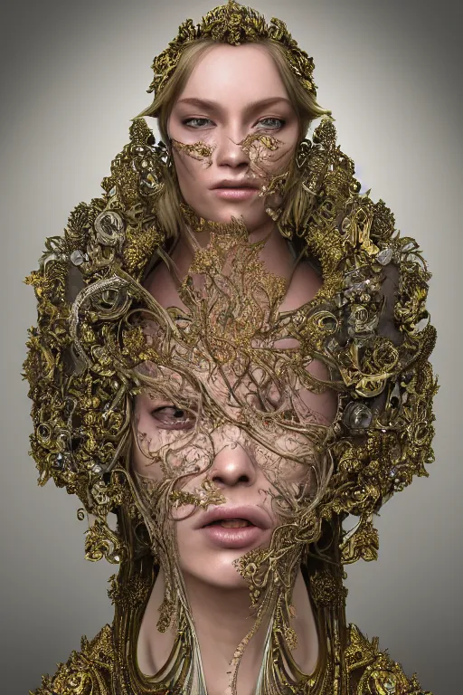 Prompt: hyper-realistic ultra-detailed maximalist and dramatic elegant luxury beautiful young empress portrait by igor goryunov and patricio clarey inspired by andrei riabovitchev and heidi taillefer Rendered by binx.ly 8k. Generative art. Fantastic realism. Scifi feel. Extremely Ornated. Intricate and omnious. Tools used: Blender Cinema4d Houdini3d zbrush. Unreal engine 5 Cinematic. Beautifully lit. No background. artstation. Deviantart. CGsociety.