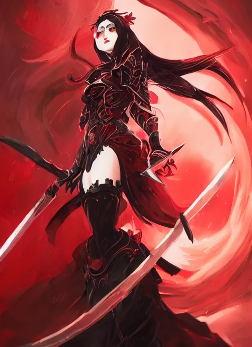 Image similar to a highly detailed illustration of elegant hime cut long black haired woman wearing red and black battle dress, heroically wielding black blade pose, with red magic surrounding her, intricate, elegant, highly detailed, centered, digital painting, artstation, concept art, smooth, sharp focus, league of legends concept art, WLOP