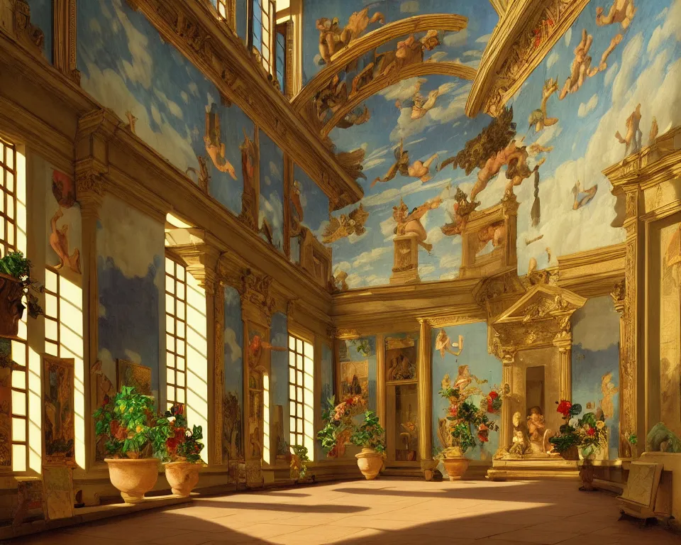 Prompt: an achingly beautiful print of the interior of a baroque art museum with vibrant paintings covering the walls, classical antiquities in niches, and potted plants on the floor by Raphael, Hopper, and Rene Magritte. detailed, romantic, enchanting, trending on artstation.