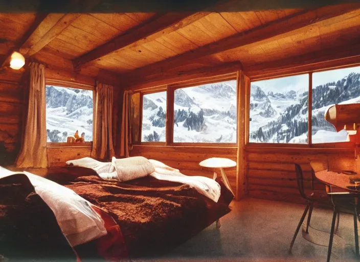 Image similar to a 3 5 mm kodachrome photo of a cozy cabin in the swiss alps in the 1 9 5 0's