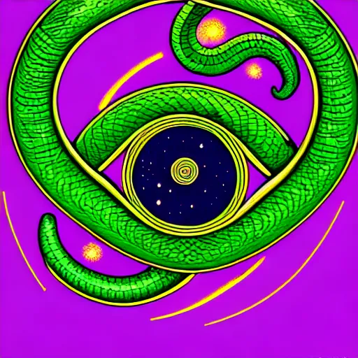 Prompt: illustration of the emerald dragon ouroboros god gaving birth to the universe, vortex of creation in the center of the picture epic, masterpiece, digital art, bold shapes, hard edges, vibrant colors, trending on artstation, by kate irwin