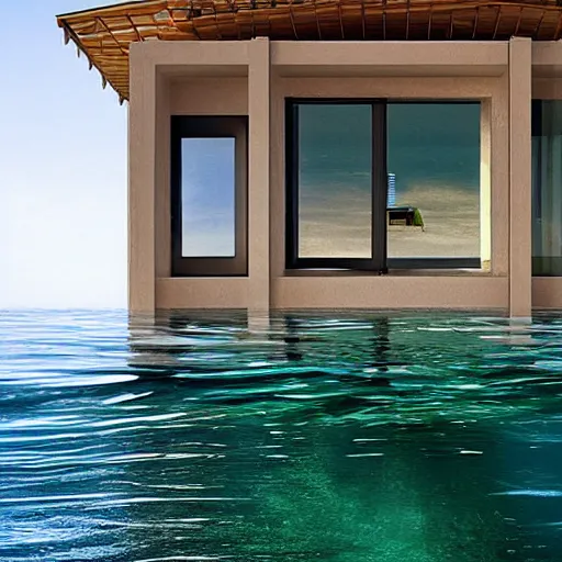 Image similar to a house half submerged in the ocean.