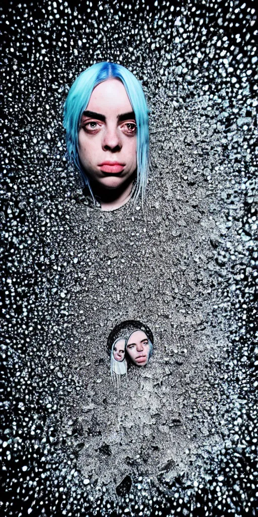 Image similar to professional photo shot of an billie eilish made of silica crystal spikes, melted with rocks in the background, microscopic picture, grimy, gritty, trending on artstation, award winning, close shot, by aleks labuda and barry webb