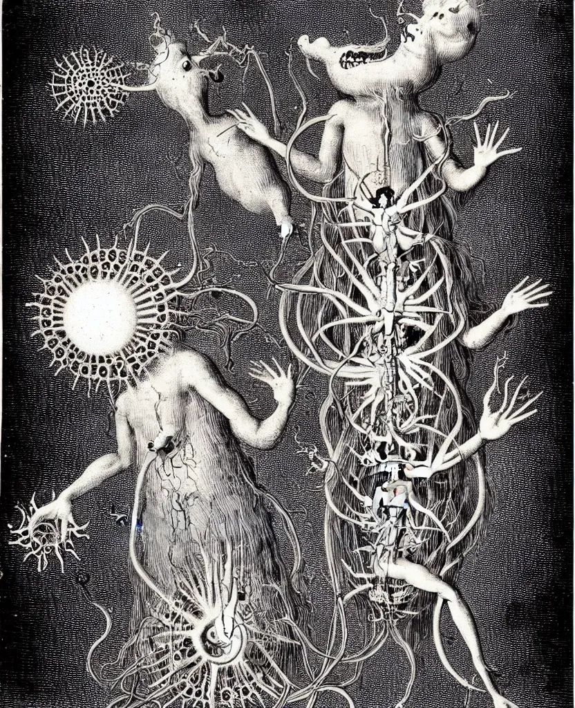 Image similar to whimsical freaky creature sings a unique canto about'as above so below'being ignited by the spirit of haeckel and robert fludd, breakthrough is iminent, glory be to the magic within