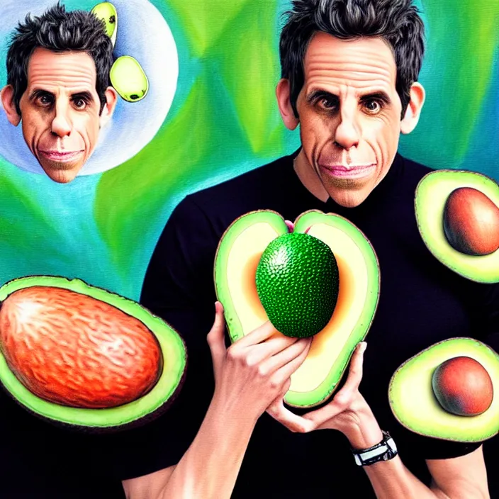 Image similar to ultra realistic illustration of ben stiller in the shape of an a ocado, centered, double exposure, in the lotus position meditating with closed eyes, balancing stack of avocado, symmetrical, beautiful painting