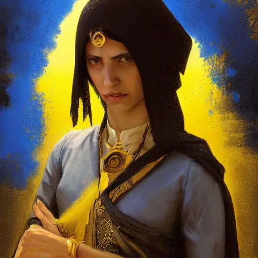 Prompt: portrait of a middle - eastern female cleric with straight black hair wearing blue and yellow vestments exploring a village in a desert, fantasy, highly detailed, digital painting, artstation, concept art, character art, art by greg rutkowski and tyler jacobson and alphonse mucha