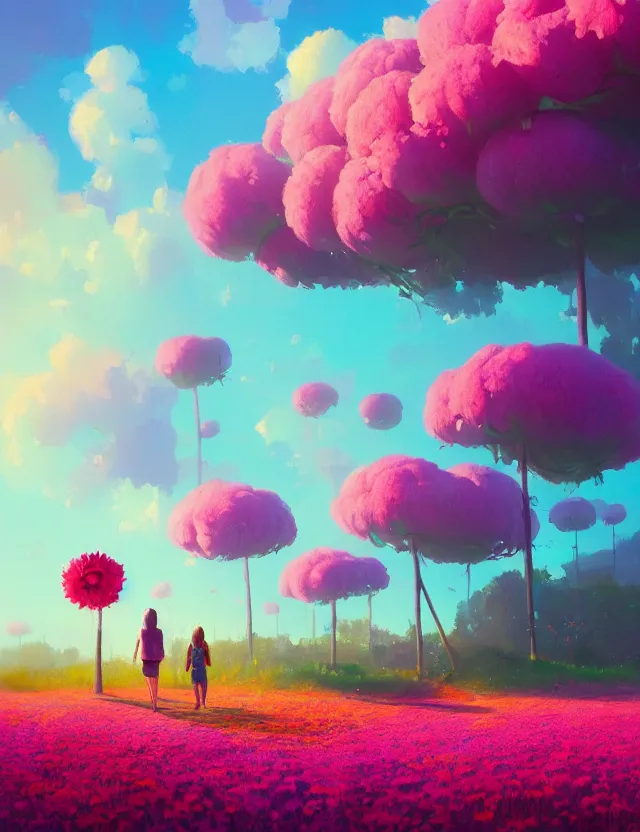Prompt: a walk among giant flowers, surreal photography, sunrise, bright light, impressionist painting, colorful clouds, digital painting, artstation, simon stalenhag