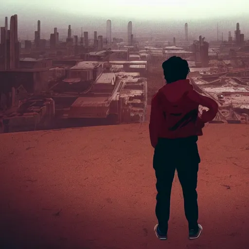Prompt: a person watching the end of the world, dystopian city, wasteland, red hue