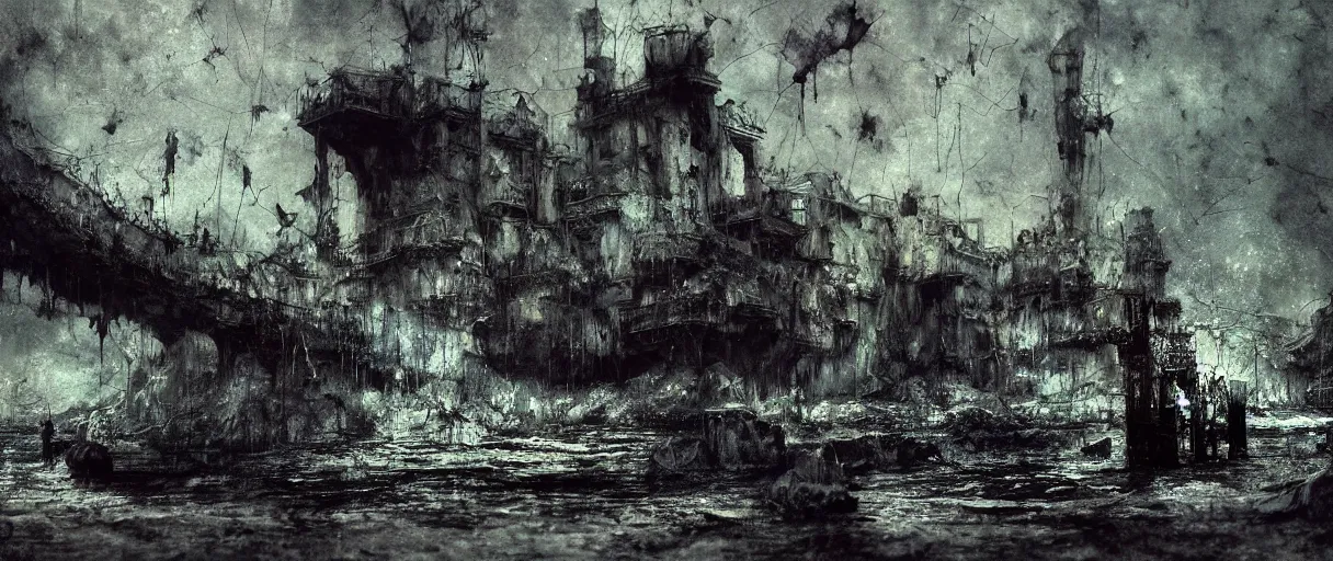 Image similar to wet collodion photography of early xx century r'lyeh sunken city by emil melmoth zdzislaw beksinki craig mullins yoji shinkawa realistic render ominous detailed photo atmospheric by jeremy mann francis bacon and agnes cecile ink drips paint smears digital glitches glitchart
