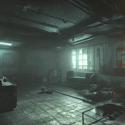 Image similar to fallout concept art school interior render grim realistic lighting unreal engine 5