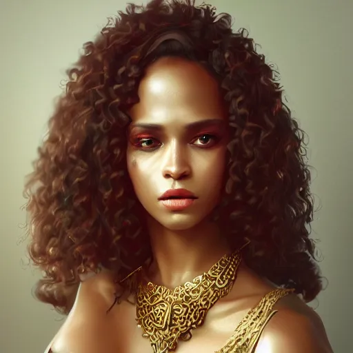 Image similar to character design, portrait of a attractive brown skinned woman with long black soft curly hair and blind white eyes, medieval, jewels, gold and red dress, painting by wlop and nixeu, beautiful, semirealism, artstation, octane render, sharpness, 8 k, golden ratio