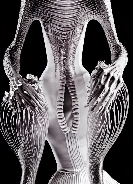 Image similar to walking down the catwalk, mert alas and marcus piggott, show, stage, vogue photo, podium, fashion show photo, historical baroque dress, iris van herpen, beautiful woman, full body shot, masterpiece, inflateble shapes, alien, predator, guyver, jellyfish, white biomechanical details, highly detailed