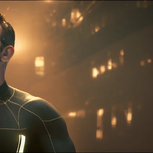 Image similar to ryan reynolds as a black and blue suit spider - man, cinematic, volumetric lighting, f 8 aperture, cinematic eastman 5 3 8 4 film, photorealistic