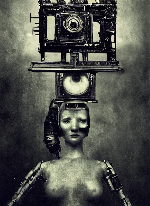 Image similar to old wetplate daguerreotype portrait of futuristic female robot in a deserted city, explosion of data fragments, fractal, intricate, elegant, highly detailed, parallax, leica, medium format, subsurface scattering, by jheronimus bosch and greg rutkowski and louis jacques mande daguerre