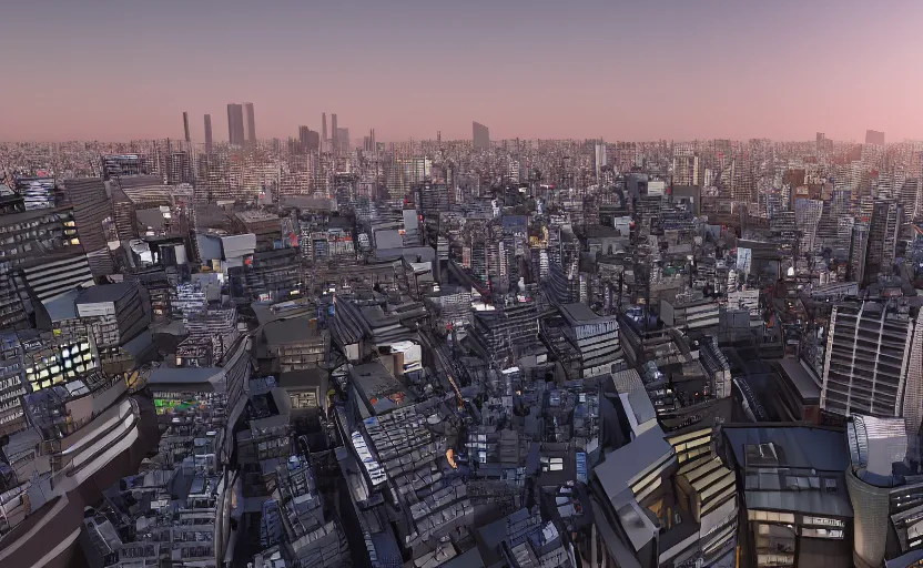 Image similar to unreal engine global illumination render of tokyo city from a rooftop view, sunset lighting, hyper realism, realistic shading, cinematic composition, blender render, octane render, hdr, detailed textures, photorealistic, ultrawide shot, 1 6 mm lens