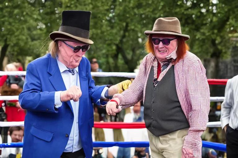 Image similar to michael fish vs john mccririck in a boxing match, in the middle of a paddock