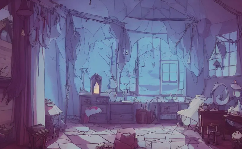 Prompt: a witch's room, crystal lights, mysterious atmosphere, cel - shading, cinematic, artstation, studio ghibli, miyazaki, highly details