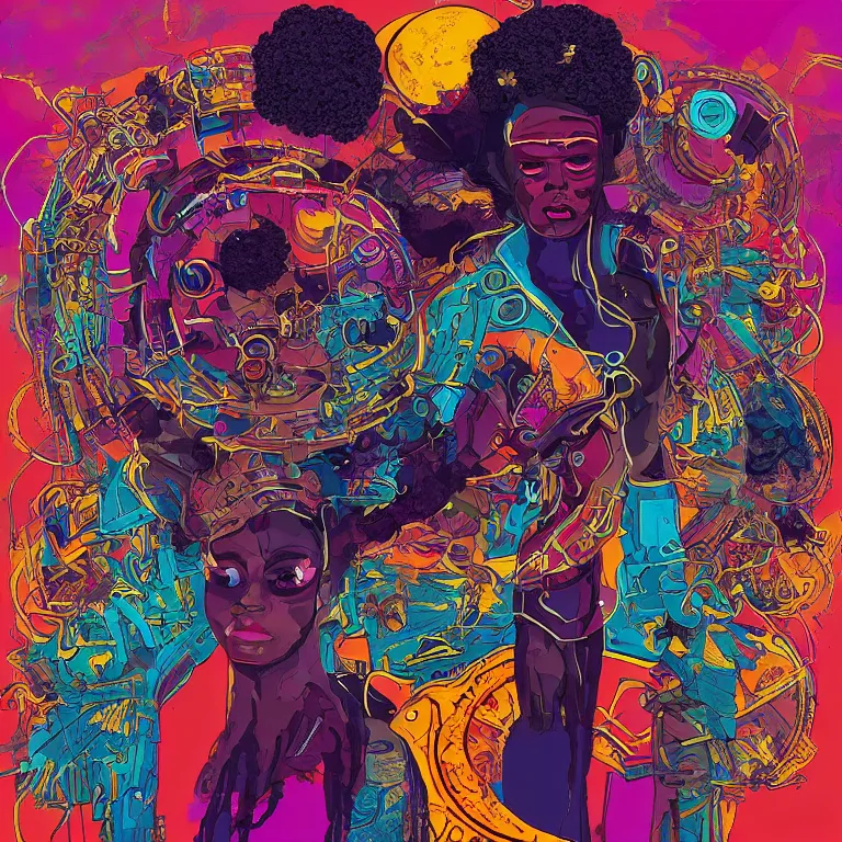 Prompt: an afrofuturist album cover by Seth McMahon