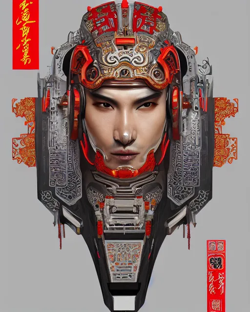 Image similar to portrait of a masculine male cyberpunk machine, machine face, upper half portrait, decorated with chinese opera motifs, asian, fine china, wuxia, traditional chinese art, intricate, elegant, highly detailed, symmetry, headpiece, digital painting, artstation concept art smooth sharp focus, illustration, art by artgerm and greg rutkowski alphonse mucha 8 k