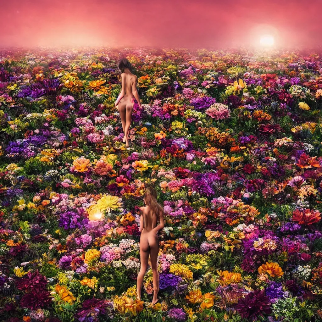 Prompt: a planet of various flowers, fungus and plants, in which the human figure is dressed in something magical and impressive, inside the picture is infinity, sunset light, Atmospheric phenomenon, artistic photography, muted colors, conceptual, long exposure outside the city