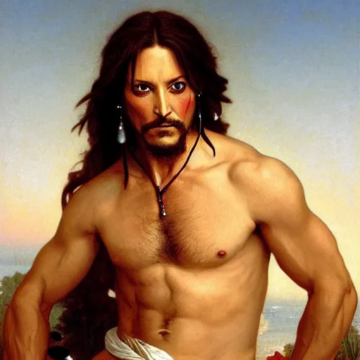 Prompt: Painting of Hugh Jackman as Jack Sparrow. Art by william adolphe bouguereau. During golden hour. Extremely detailed. Beautiful. 4K. Award winning.