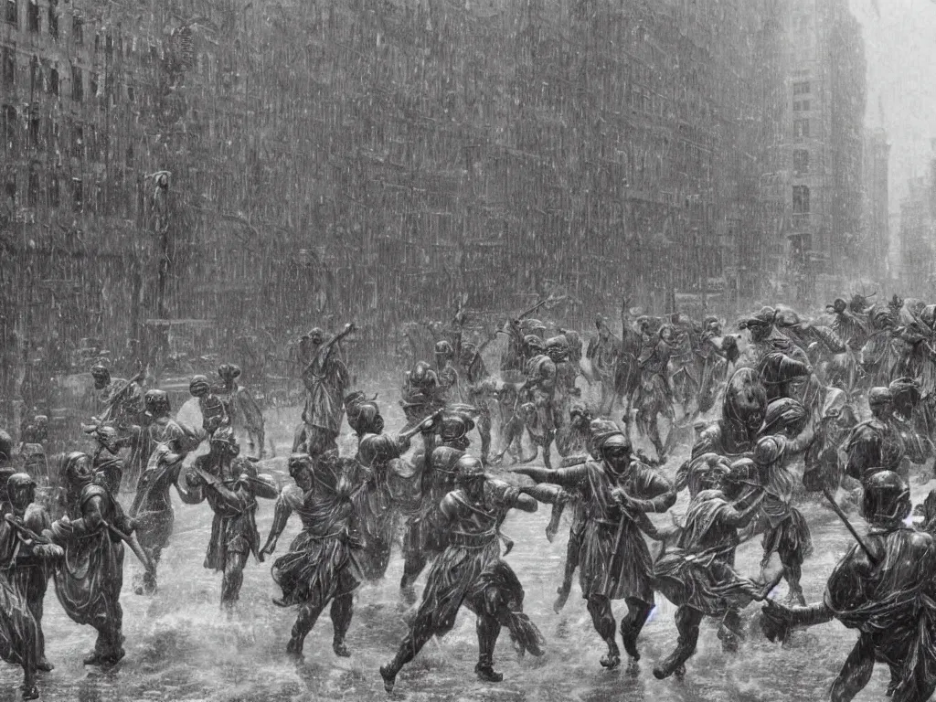 Prompt: column of roman soldiers in rain attacking in New York city