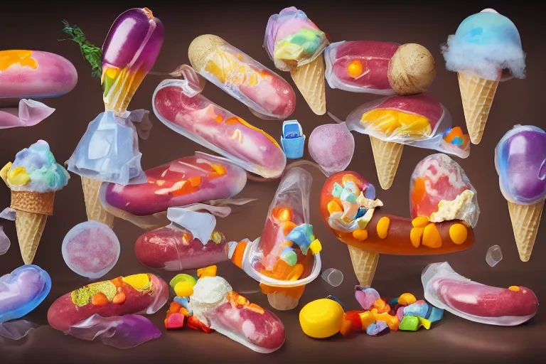 Prompt: beautiful transparent and translucent meaty pastel hotdogs, ice cream cones, levitating colorful plastic vending machine toys, clouds of vivid horse-hair wigs, plasticized spiral flames, Rembrandt, baroque, chiaroscuro, 8K photorealistic, Studio lighting, Low key lights