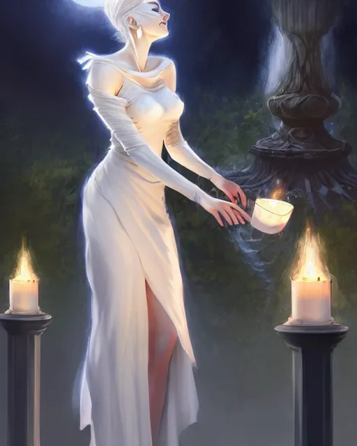 Image similar to concept art of a tall lady in a dress wearing a white mask, leening by a fountain lit by candles, with a dark aura around her | | fine - fine details by stanley artgerm lau, wlop, rossdraws, and sakimichan, trending on artstation, brush strokes