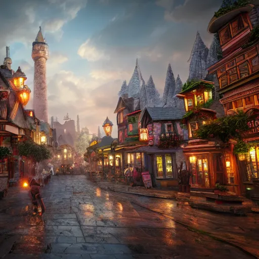 Image similar to little magical town for wizards and people with magic, realistic, 8 k, extremely detailed, cgi, trending on artstation, hyper - realistic render