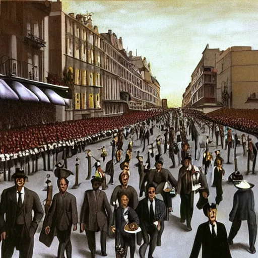 Image similar to a crowd of men in suits marching in a surrealistic city, cinematic dramatic lighting, matte painting, Salvador Dali, René Magritte, Frida Kahlo