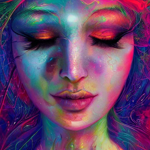 Prompt: a psychedelic otherwordly ethereal portrait of kim petras with her eyes closed transcending through the multiverse from the eternal blessing of consciousness, by android jones, by ben ridgeway, by ross draws, by noah bradley, by maciej kuciara, visionary art, oil painting, artgerm, featured artstation, cgsociety, greg rutkowski