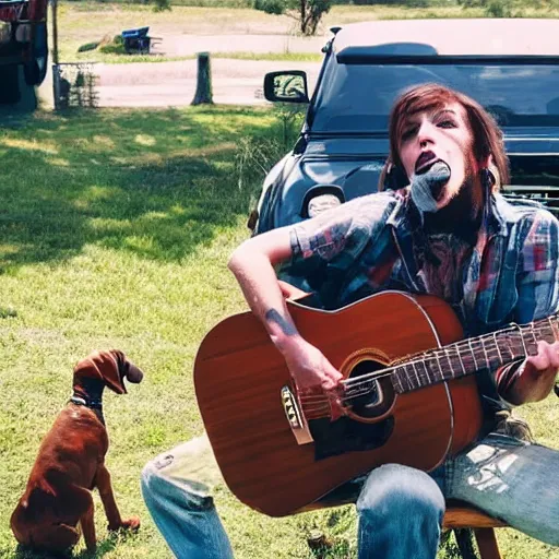 Prompt: A folkpunk brown floppy-eared hound dog playing the guitar in front of a pickup truck