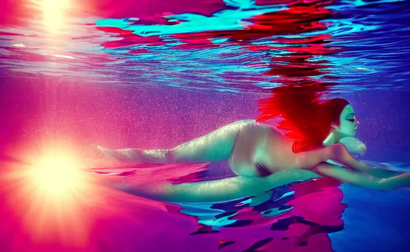 Prompt: photo of very beautiful woman underwater during sunrise, sunrays, caustics, rippling water, photoshoot, flowing hair and colorful fabric, haunting, iconic, masterpiece, sharp focus