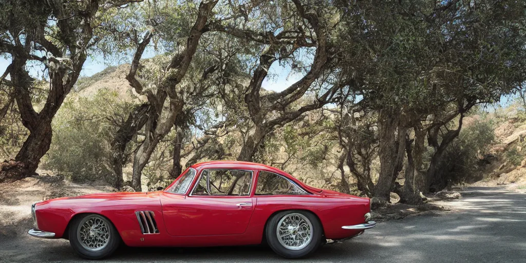 Image similar to photograph, 1958 FERRARI 250 GT, by Peter Singhof, press release, cinematic, malibu canyon, 8k, depth of field, bokeh. rule of thirds