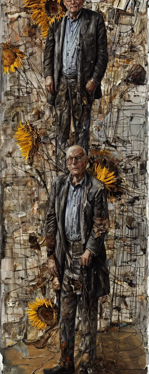 Image similar to a full length portrait of a very ordinary old man with a blank expression, Anselm Kiefer and Lucian Freud and Jenny Saville, oil painting, rust, Scaffolding, rusted metal and sunflowers, iron cladding, decay, mixed media, textured, anatomically correct, beautiful perfect face, visible brushstrokes, sharp focus, Highly Detailed, Cinematic Lighting, 8k, HD